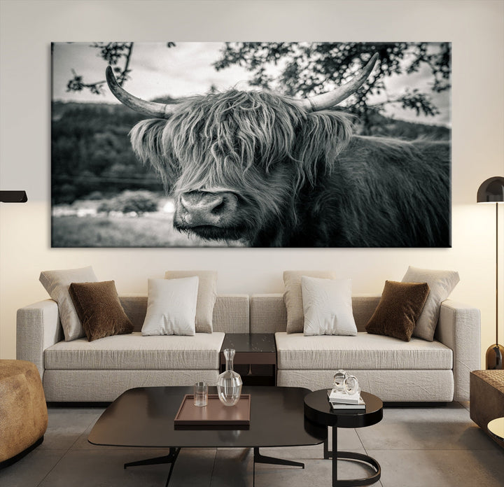 Beautiful Highland Cow Wall Art Large Canvas Print Black and White Wall Decor