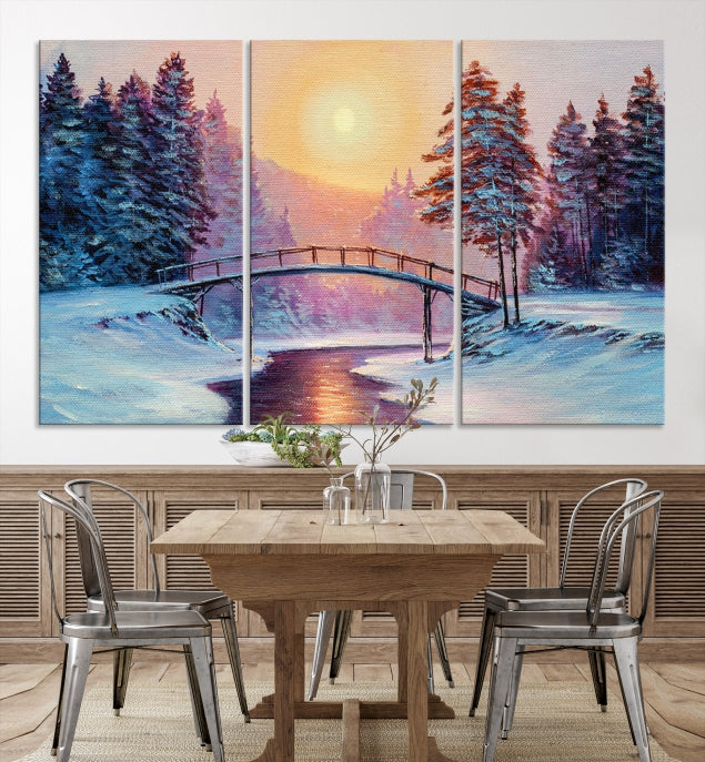 Beautiful Winter Landscape Painting Snowy Bridge Giclee Canvas Extra Large Wall Art Print