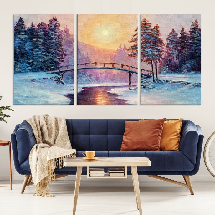 Beautiful Winter Landscape Painting Snowy Bridge Giclee Canvas Extra Large Wall Art Print