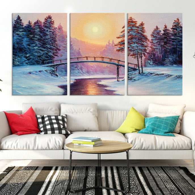 Beautiful Winter Landscape Painting Snowy Bridge Giclee Canvas Extra Large Wall Art Print