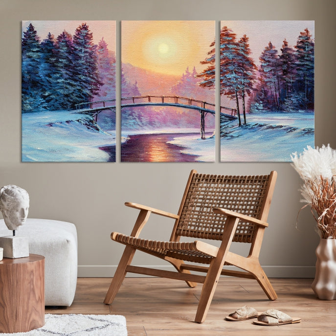 Beautiful Winter Landscape Painting Snowy Bridge Giclee Canvas Extra Large Wall Art Print