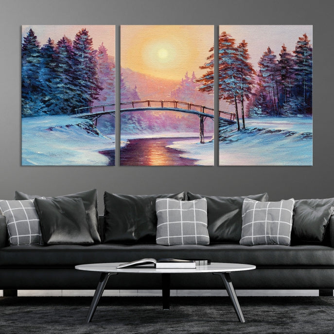 Beautiful Winter Landscape Painting Snowy Bridge Giclee Canvas Extra Large Wall Art Print