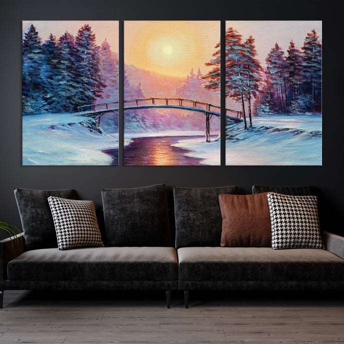 Beautiful Winter Landscape Painting Snowy Bridge Giclee Canvas Extra Large Wall Art Print