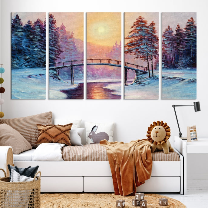 Beautiful Winter Landscape Painting Snowy Bridge Giclee Canvas Extra Large Wall Art Print