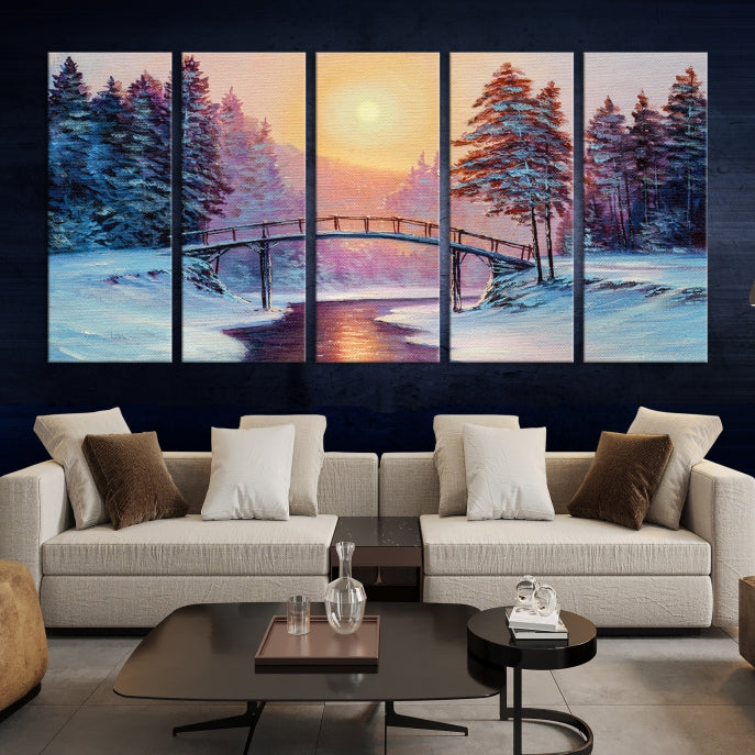 Beautiful Winter Landscape Painting Snowy Bridge Giclee Canvas Extra Large Wall Art Print