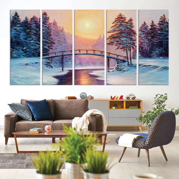 Beautiful Winter Landscape Painting Snowy Bridge Giclee Canvas Extra Large Wall Art Print