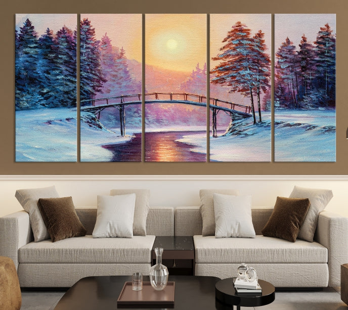 Beautiful Winter Landscape Painting Snowy Bridge Giclee Canvas Extra Large Wall Art Print