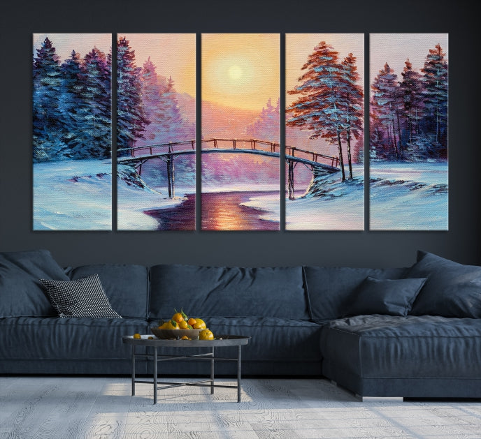 Beautiful Winter Landscape Painting Snowy Bridge Giclee Canvas Extra Large Wall Art Print