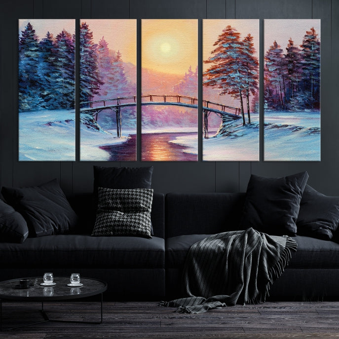 Beautiful Winter Landscape Painting Snowy Bridge Giclee Canvas Extra Large Wall Art Print