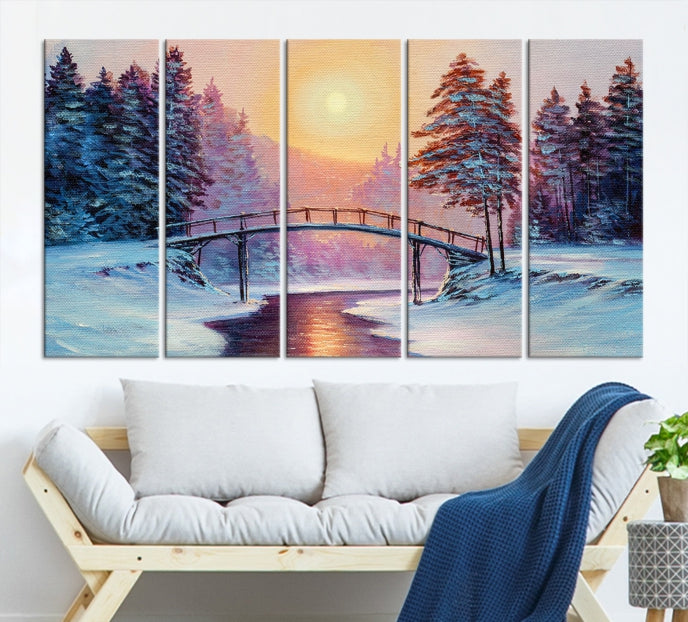 Beautiful Winter Landscape Painting Snowy Bridge Giclee Canvas Extra Large Wall Art Print