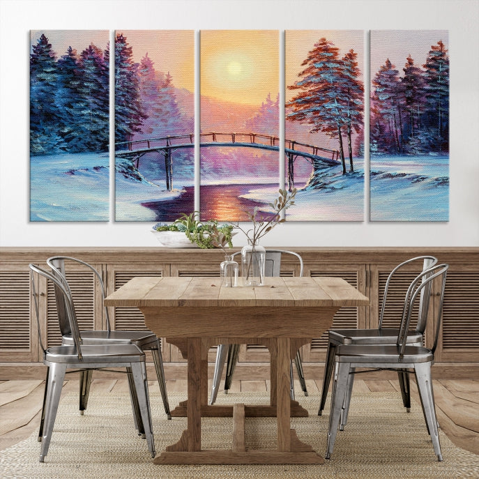 Beautiful Winter Landscape Painting Snowy Bridge Giclee Canvas Extra Large Wall Art Print