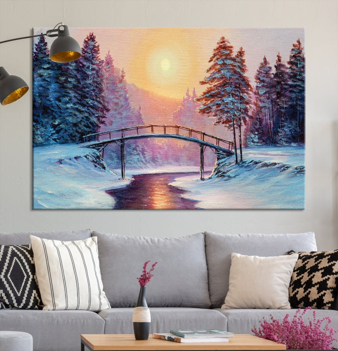 Beautiful Winter Landscape Painting Snowy Bridge Giclee Canvas Extra Large Wall Art Print