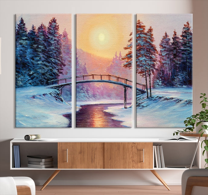 Beautiful Winter Landscape Painting Snowy Bridge Giclee Canvas Extra Large Wall Art Print