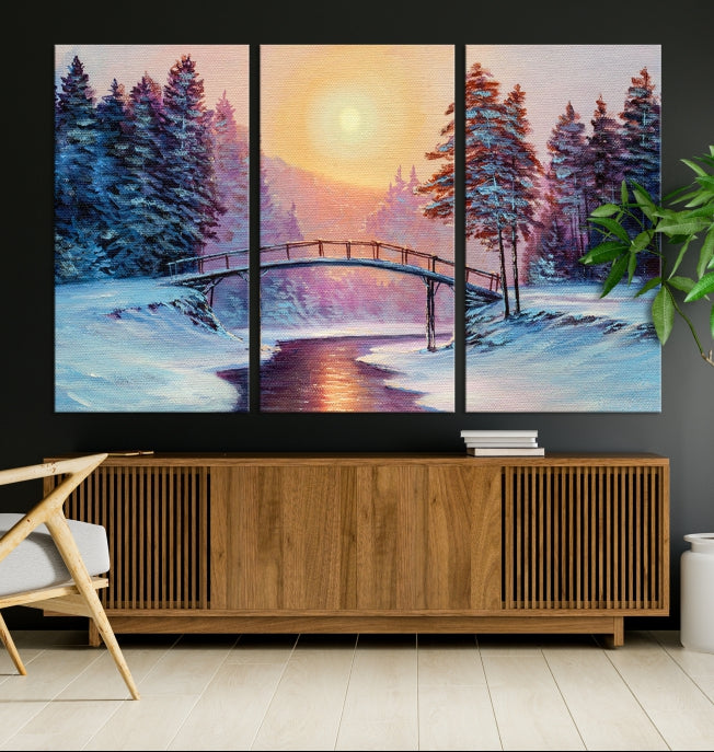 Beautiful Winter Landscape Painting Snowy Bridge Giclee Canvas Extra Large Wall Art Print