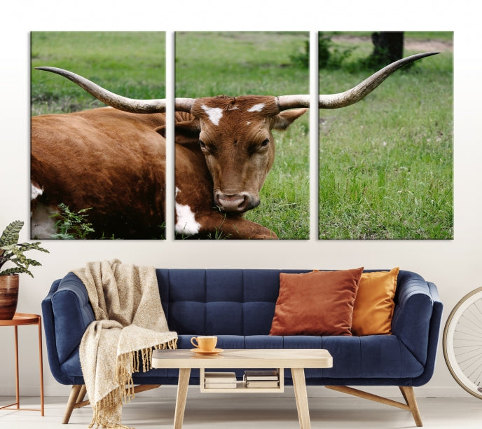 Big Horn Cow Green Grass Animal Picture Art Wall Decor Canvas Print