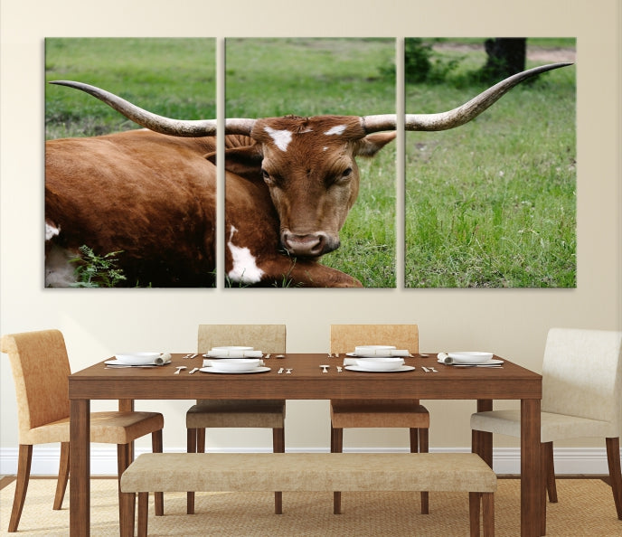 Big Horn Cow Green Grass Animal Picture Art Wall Decor Canvas Print