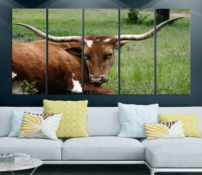 Big Horn Cow Green Grass Animal Picture Art Wall Decor Canvas Print