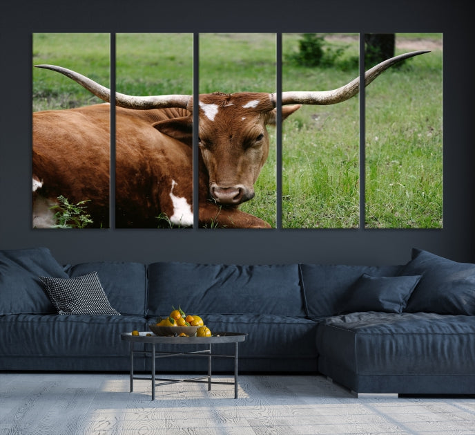 Big Horn Cow Green Grass Animal Picture Art Wall Decor Canvas Print