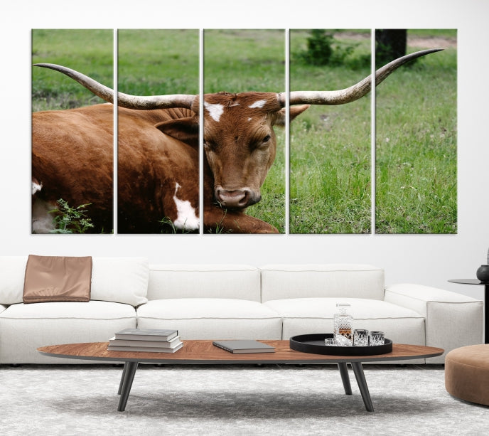 Big Horn Cow Green Grass Animal Picture Art Wall Decor Canvas Print