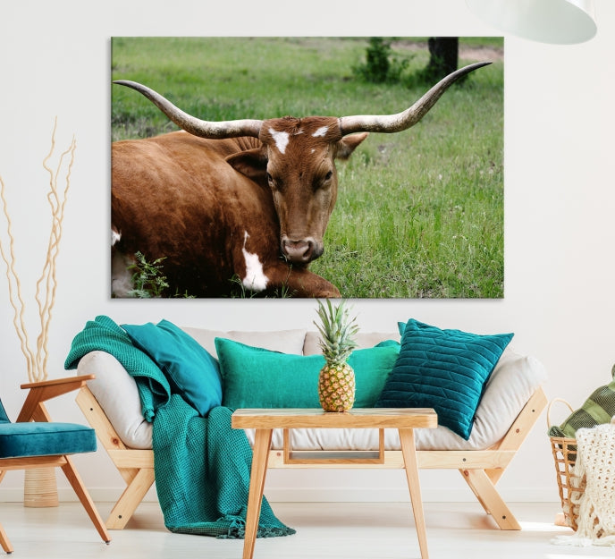 Big Horn Cow Green Grass Animal Picture Art Wall Decor Canvas Print