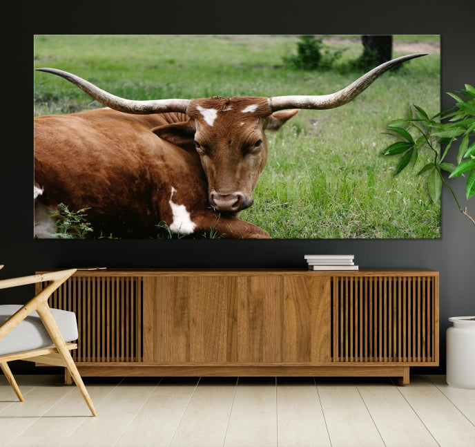 Big Horn Cow Green Grass Animal Picture Art Wall Decor Canvas Print