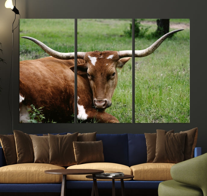 Big Horn Cow Green Grass Animal Picture Art Wall Decor Canvas Print