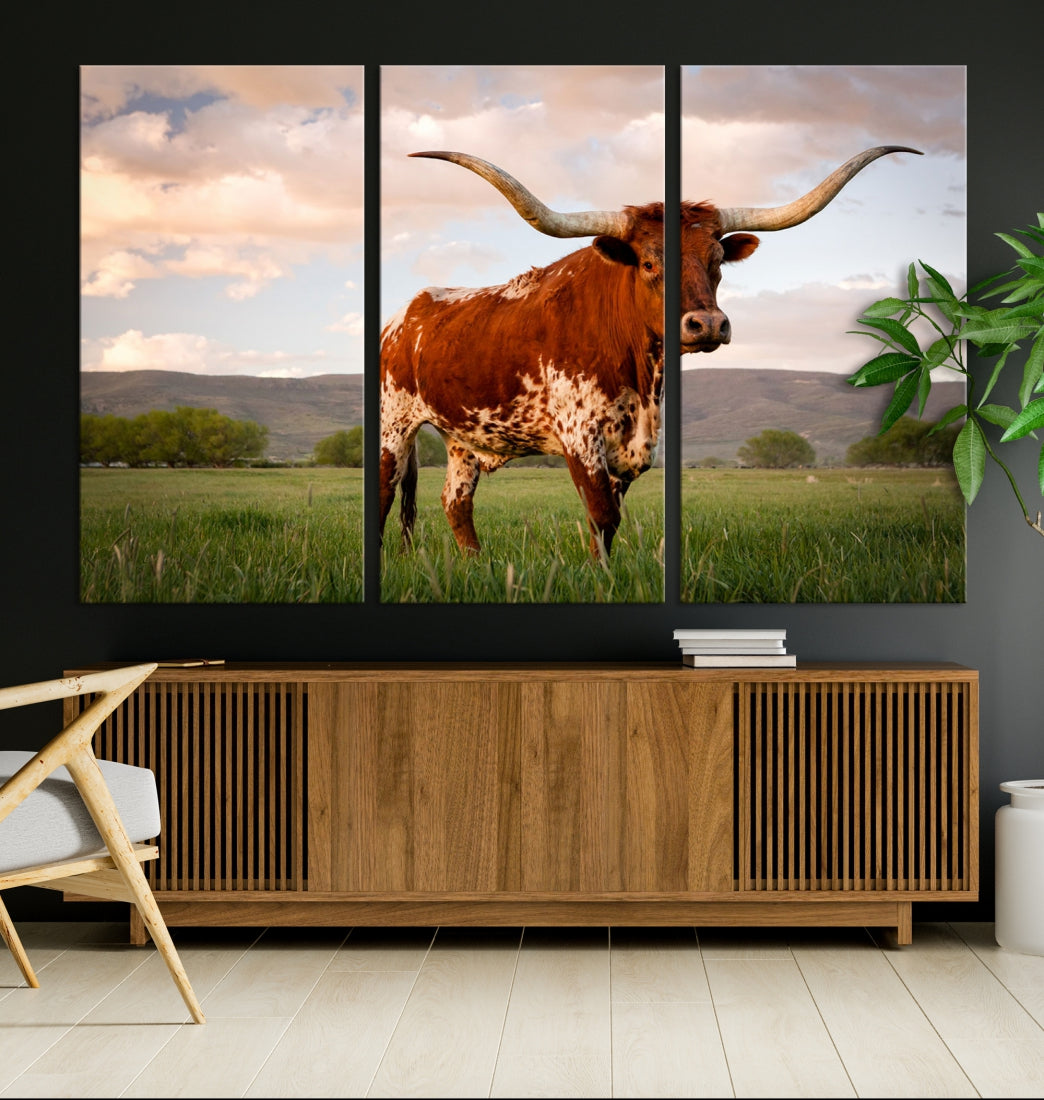 Big Horn Texas Cow Canvas Wall Art Print Animal Pictures on Original Cotton Canvas Framed