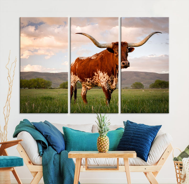 Big Horn Texas Cow Canvas Wall Art Print Animal Pictures on Original Cotton Canvas Framed