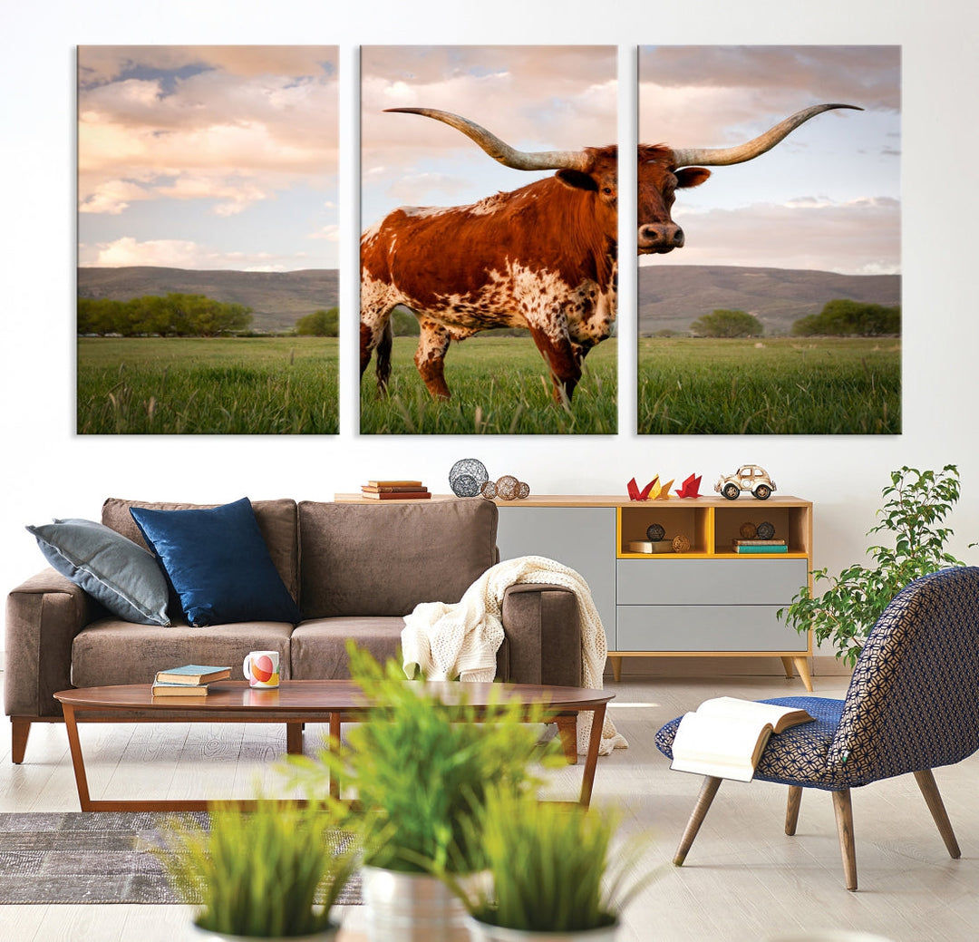 Big Horn Texas Cow Canvas Wall Art Print Animal Pictures on Original Cotton Canvas Framed