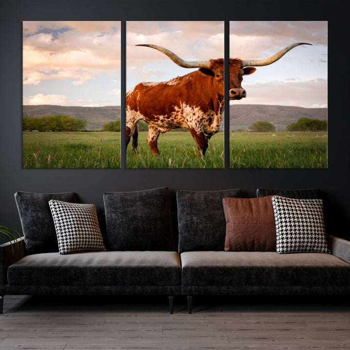 Big Horn Texas Cow Canvas Wall Art Print Animal Pictures on Original Cotton Canvas Framed