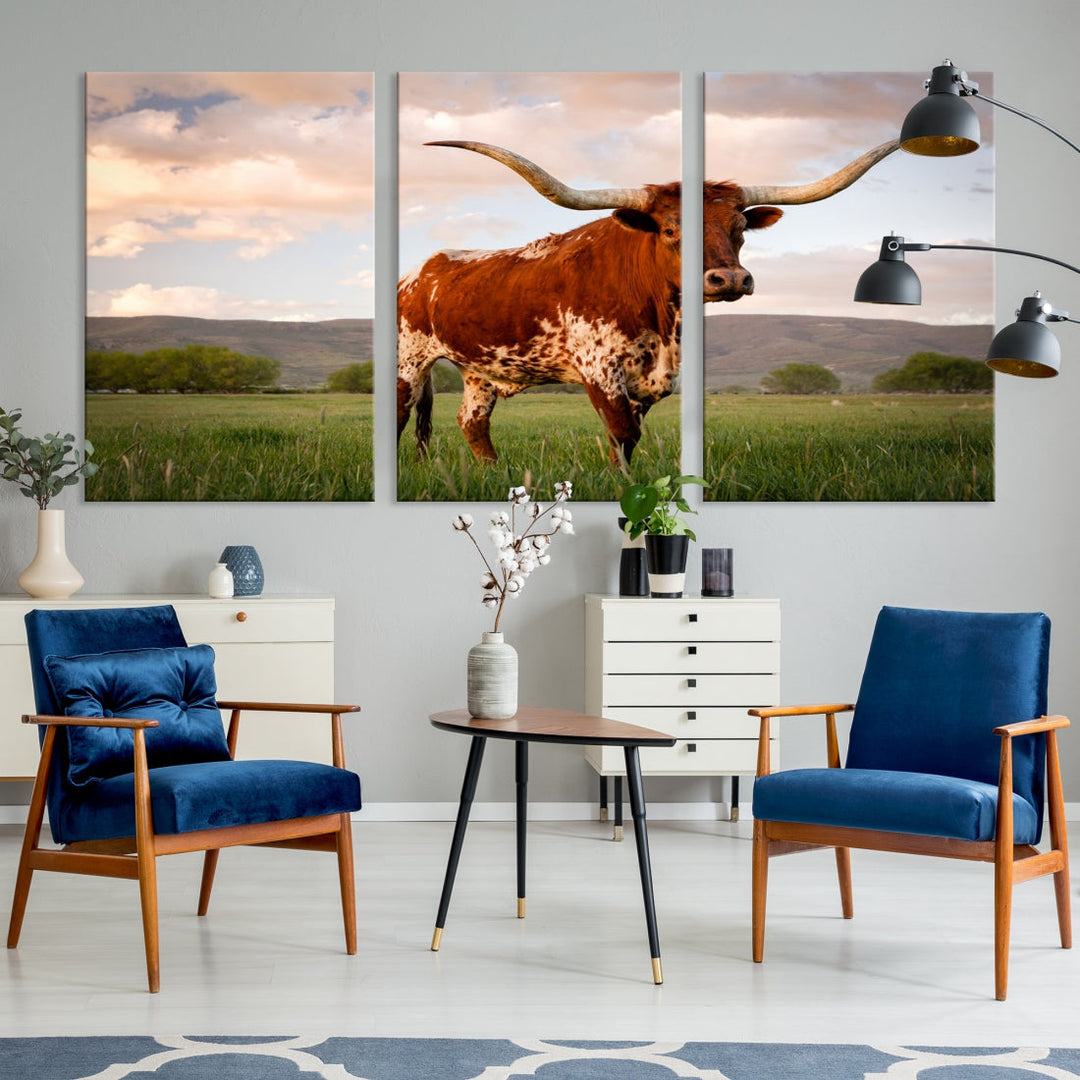 Big Horn Texas Cow Canvas Wall Art Print Animal Pictures on Original Cotton Canvas Framed