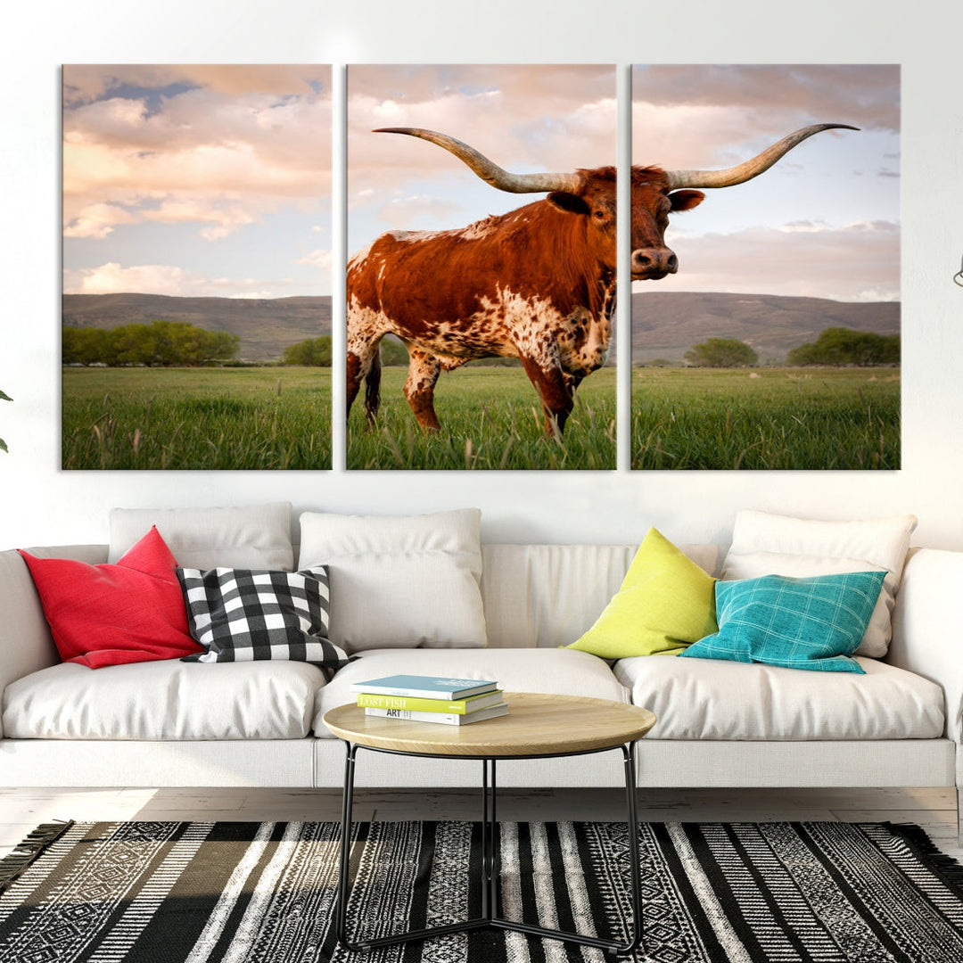 Big Horn Texas Cow Canvas Wall Art Print Animal Pictures on Original Cotton Canvas Framed