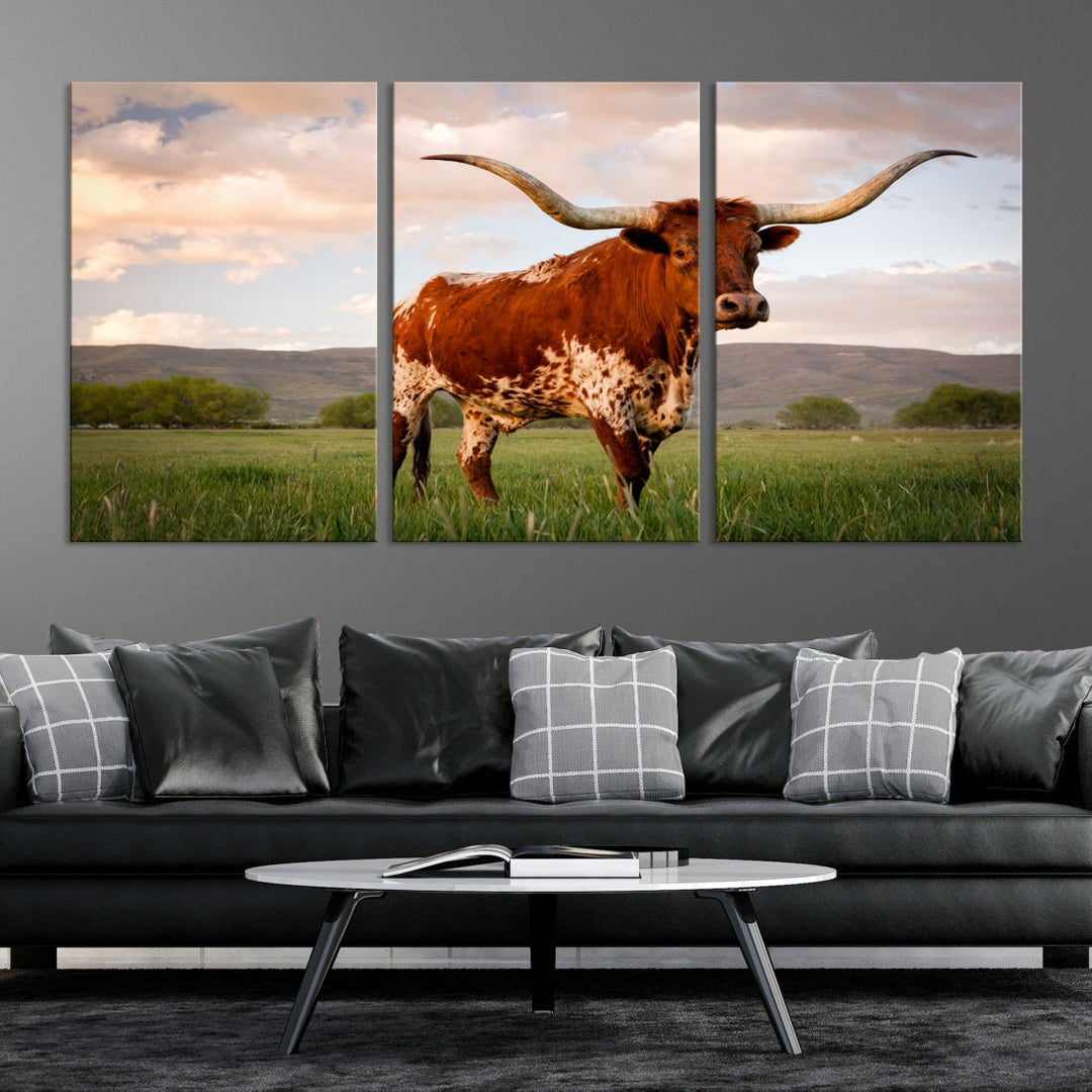 Big Horn Texas Cow Canvas Wall Art Print Animal Pictures on Original Cotton Canvas Framed