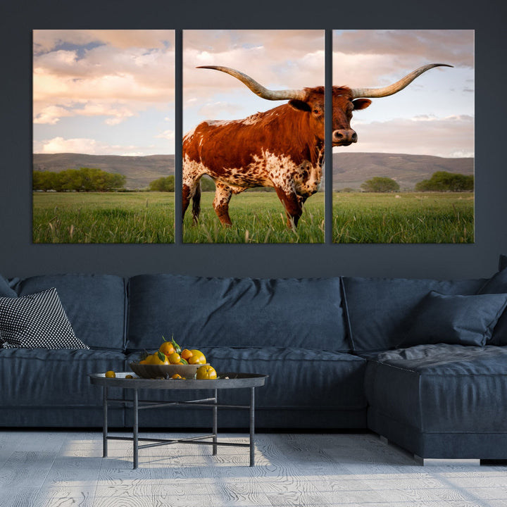 Big Horn Texas Cow Canvas Wall Art Print Animal Pictures on Original Cotton Canvas Framed