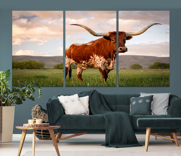 Big Horn Texas Cow Canvas Wall Art Print Animal Pictures on Original Cotton Canvas Framed