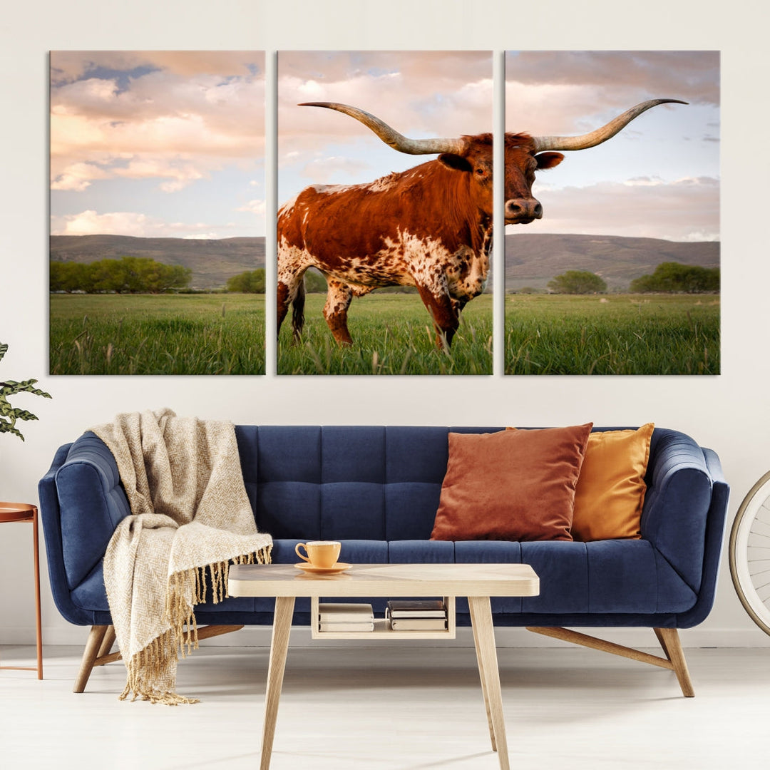 Big Horn Texas Cow Canvas Wall Art Print Animal Pictures on Original Cotton Canvas Framed