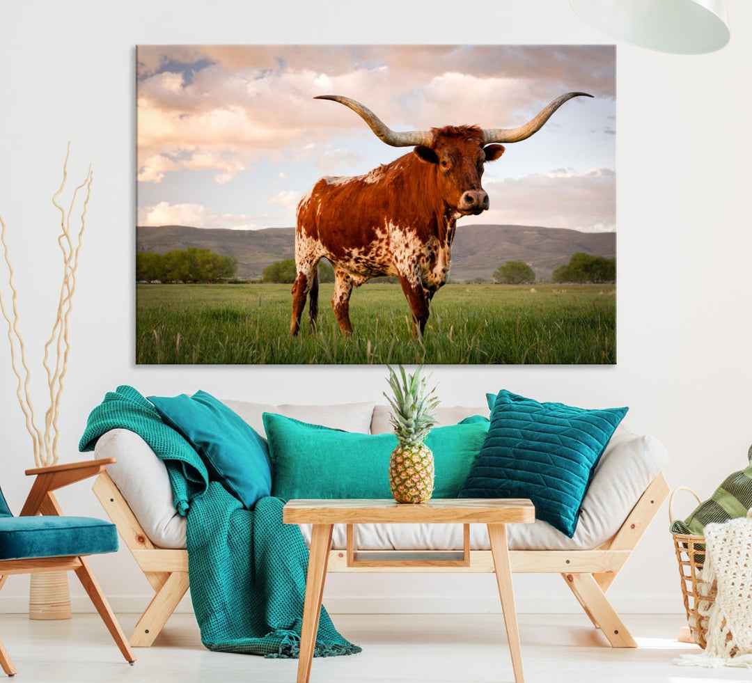 Big Horn Texas Cow Canvas Wall Art Print Animal Pictures on Original Cotton Canvas Framed