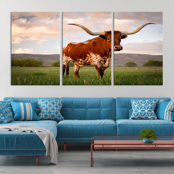 Big Horn Texas Cow Canvas Wall Art Print Animal Pictures on Original Cotton Canvas Framed