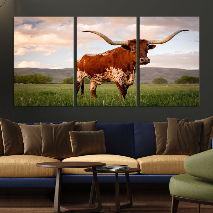 Big Horn Texas Cow Canvas Wall Art Print Animal Pictures on Original Cotton Canvas Framed