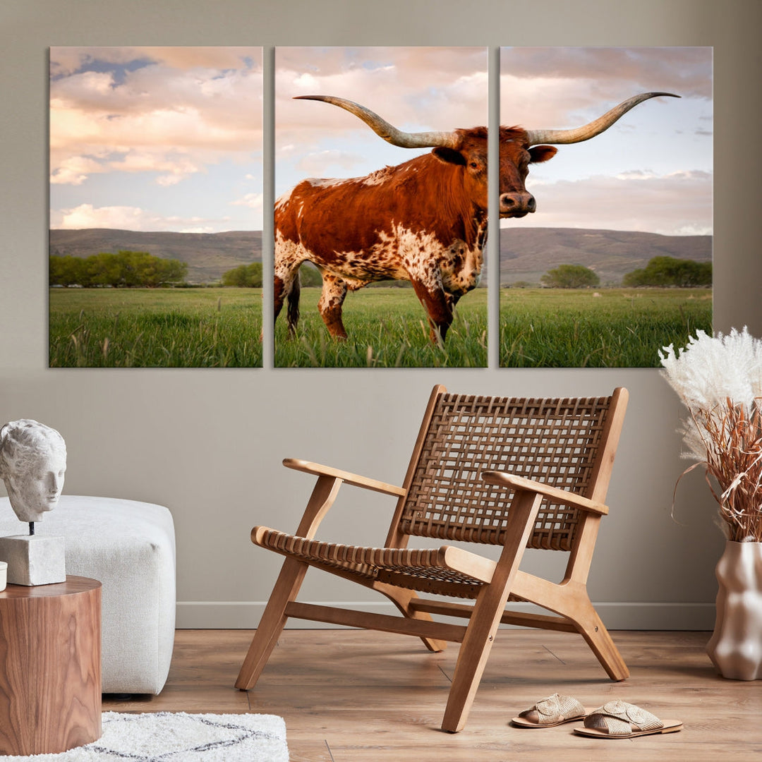 Big Horn Texas Cow Canvas Wall Art Print Animal Pictures on Original Cotton Canvas Framed