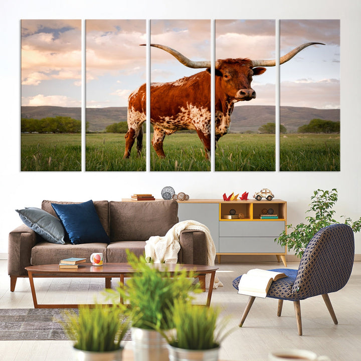 Big Horn Texas Cow Canvas Wall Art Print Animal Pictures on Original Cotton Canvas Framed