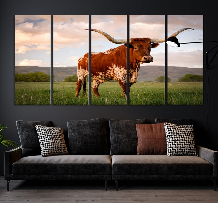 Big Horn Texas Cow Canvas Wall Art Print Animal Pictures on Original Cotton Canvas Framed