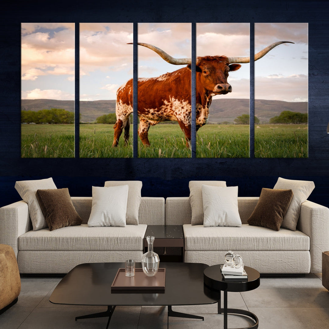 Big Horn Texas Cow Canvas Wall Art Print Animal Pictures on Original Cotton Canvas Framed