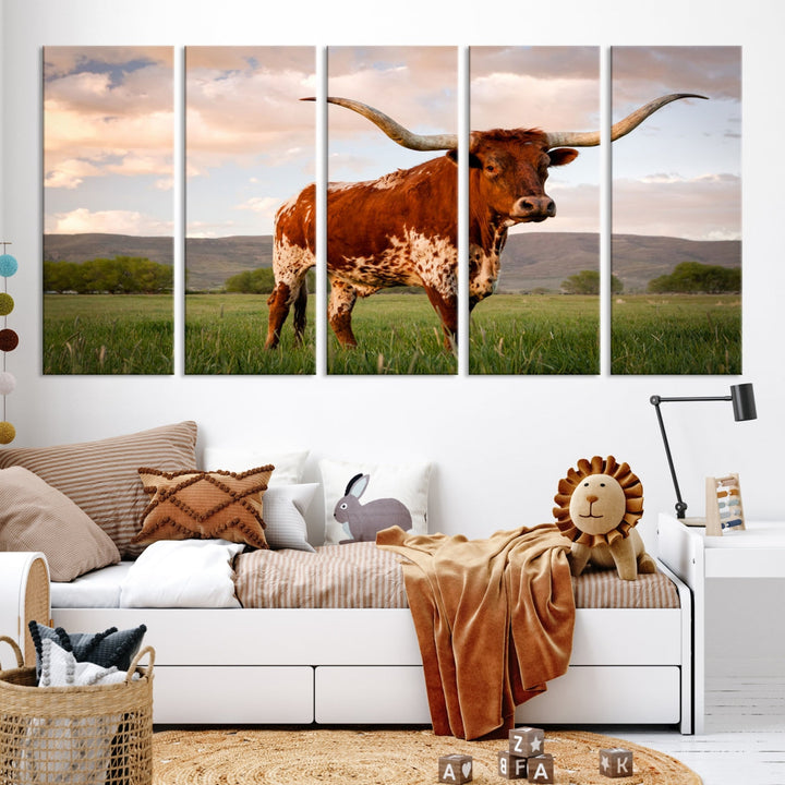 Big Horn Texas Cow Canvas Wall Art Print Animal Pictures on Original Cotton Canvas Framed