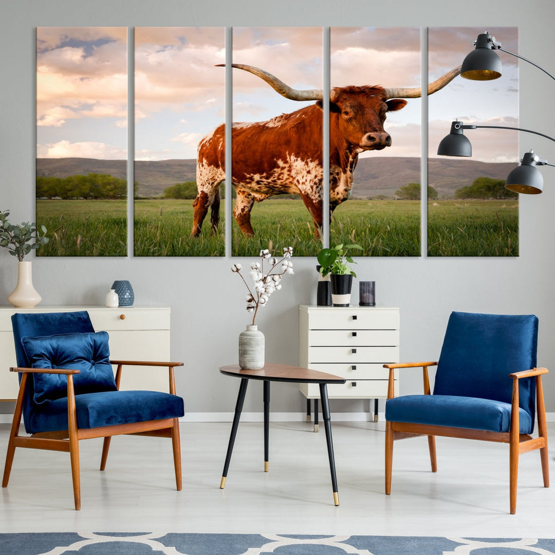 Big Horn Texas Cow Canvas Wall Art Print Animal Pictures on Original Cotton Canvas Framed