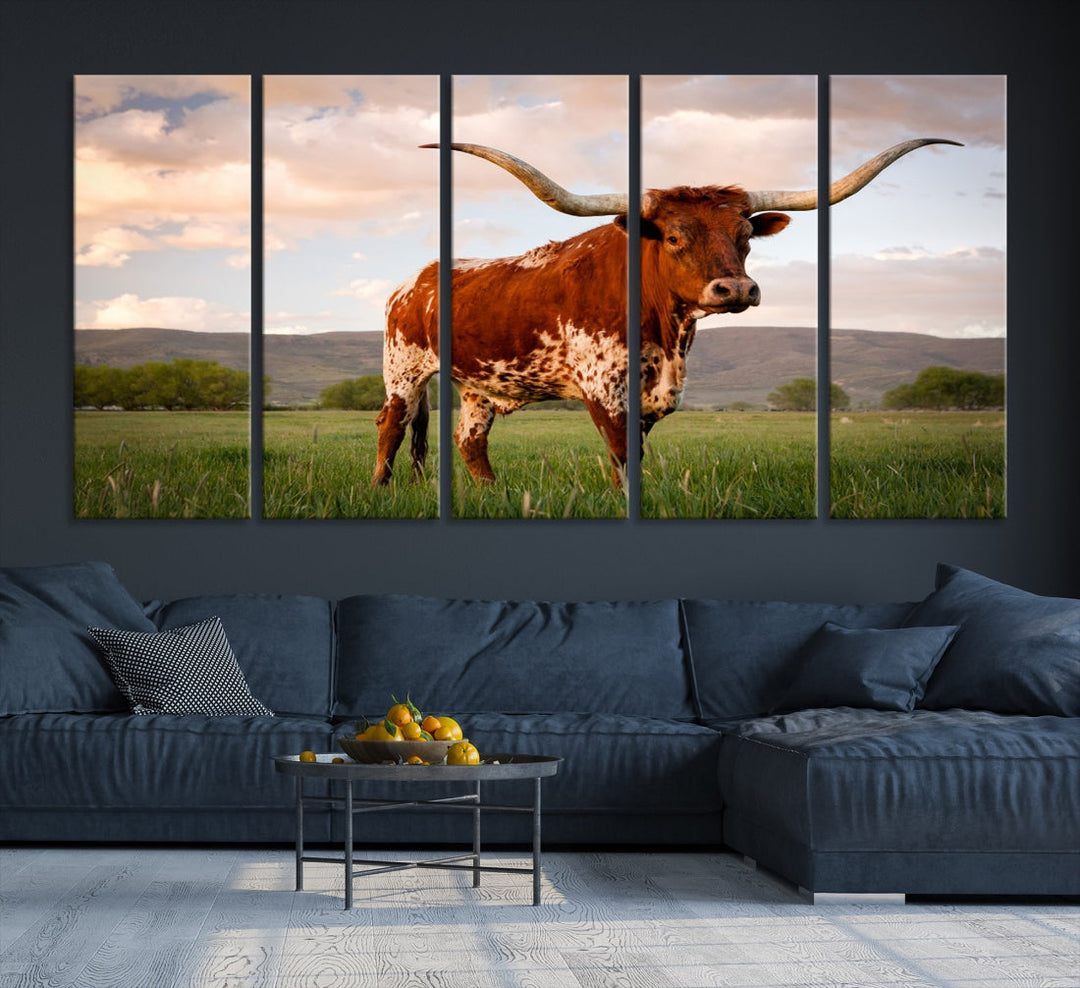 Big Horn Texas Cow Canvas Wall Art Print Animal Pictures on Original Cotton Canvas Framed