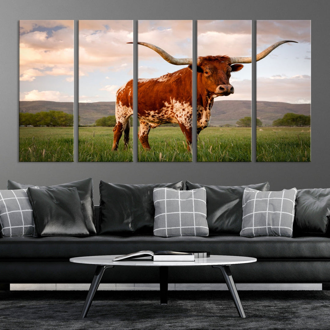 Big Horn Texas Cow Canvas Wall Art Print Animal Pictures on Original Cotton Canvas Framed