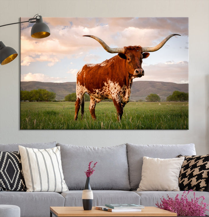 Big Horn Texas Cow Canvas Wall Art Print Animal Pictures on Original Cotton Canvas Framed