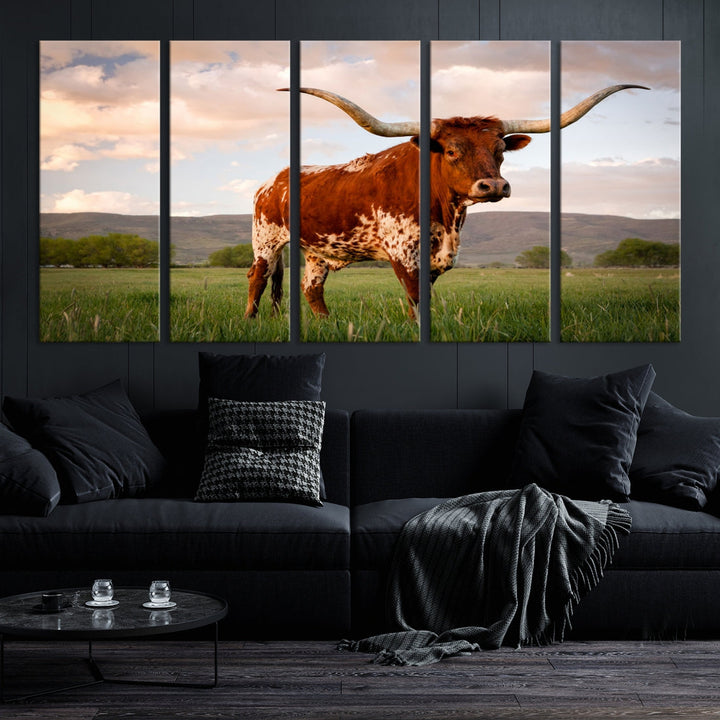 Big Horn Texas Cow Canvas Wall Art Print Animal Pictures on Original Cotton Canvas Framed