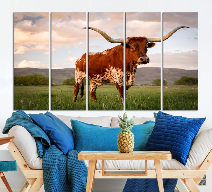 Big Horn Texas Cow Canvas Wall Art Print Animal Pictures on Original Cotton Canvas Framed